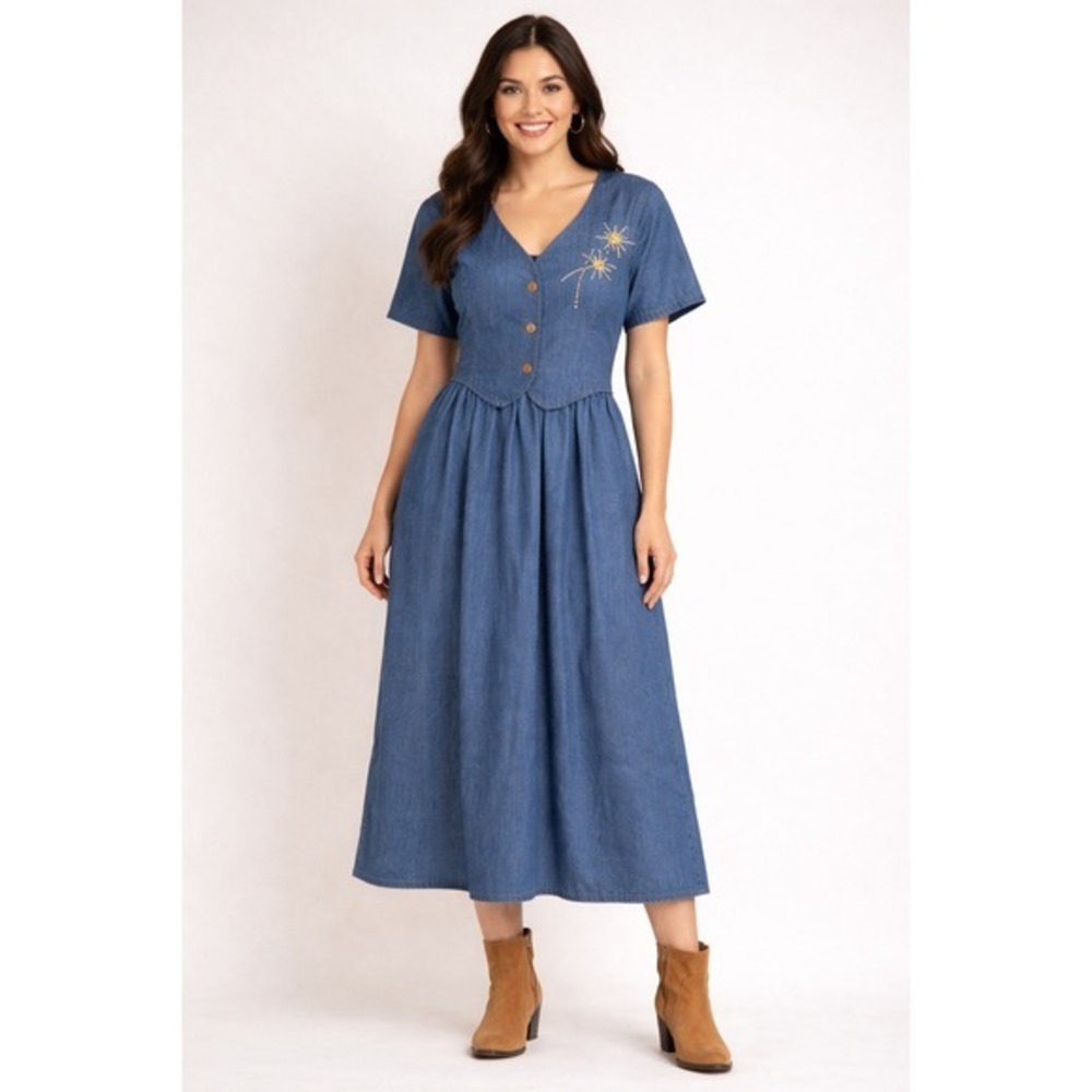 Vintage Denim Dress Embellished Starburst Button Front‎ Midi USA Made Size S